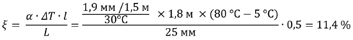 Формула расчета относительной деформации при прогреве цветного профиля летом до 80 градусов